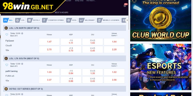 Khám phá sảnh E-sports 98WIN
