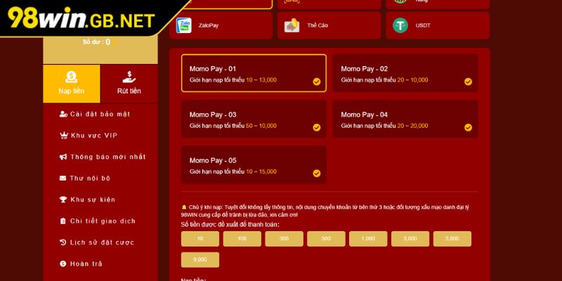 Các hình thức Nạp rút tiền 98WIN được ưa chuộng hiện nay
